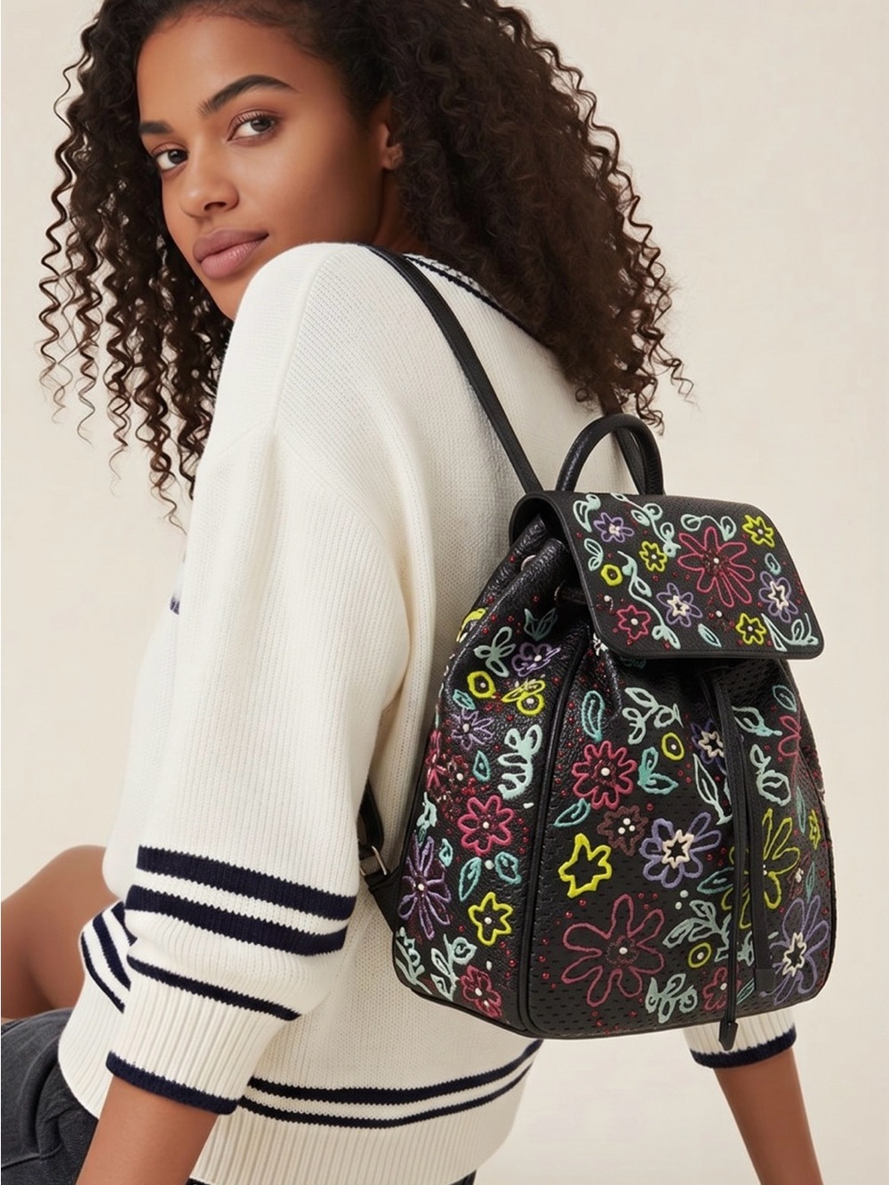 Steve Madden Black Floral Embroidered Backpack